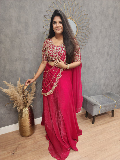 Blood red drape lehenga saree