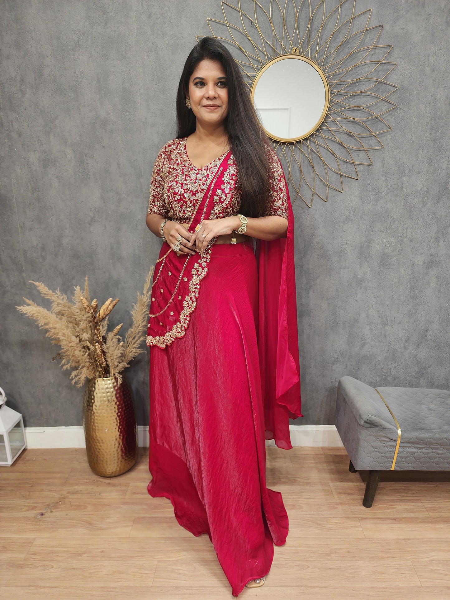 Blood red drape lehenga saree