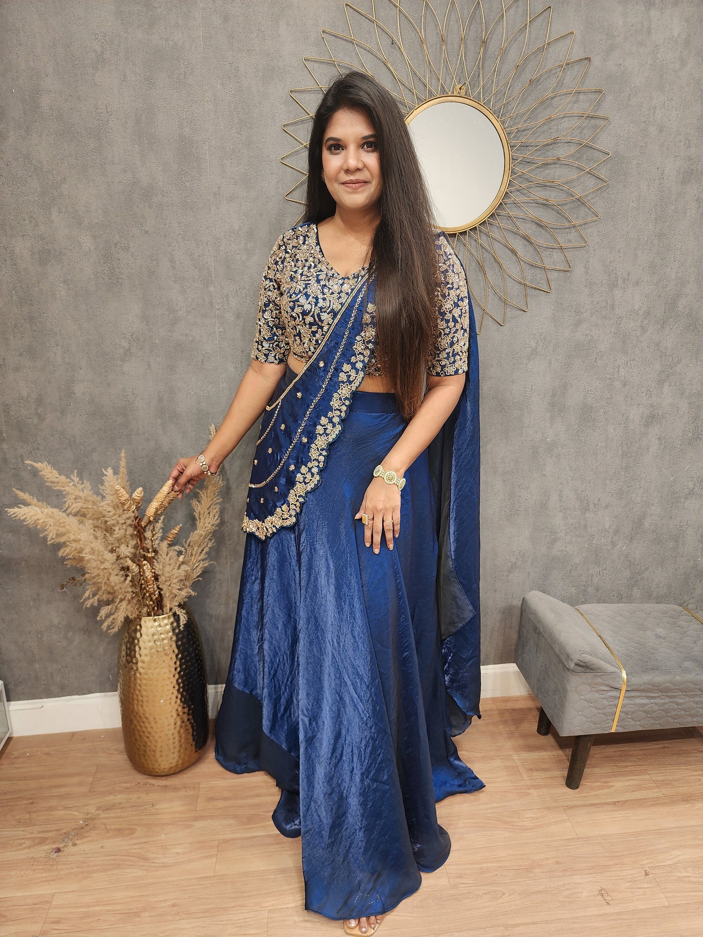 Blue drape lehenga saree