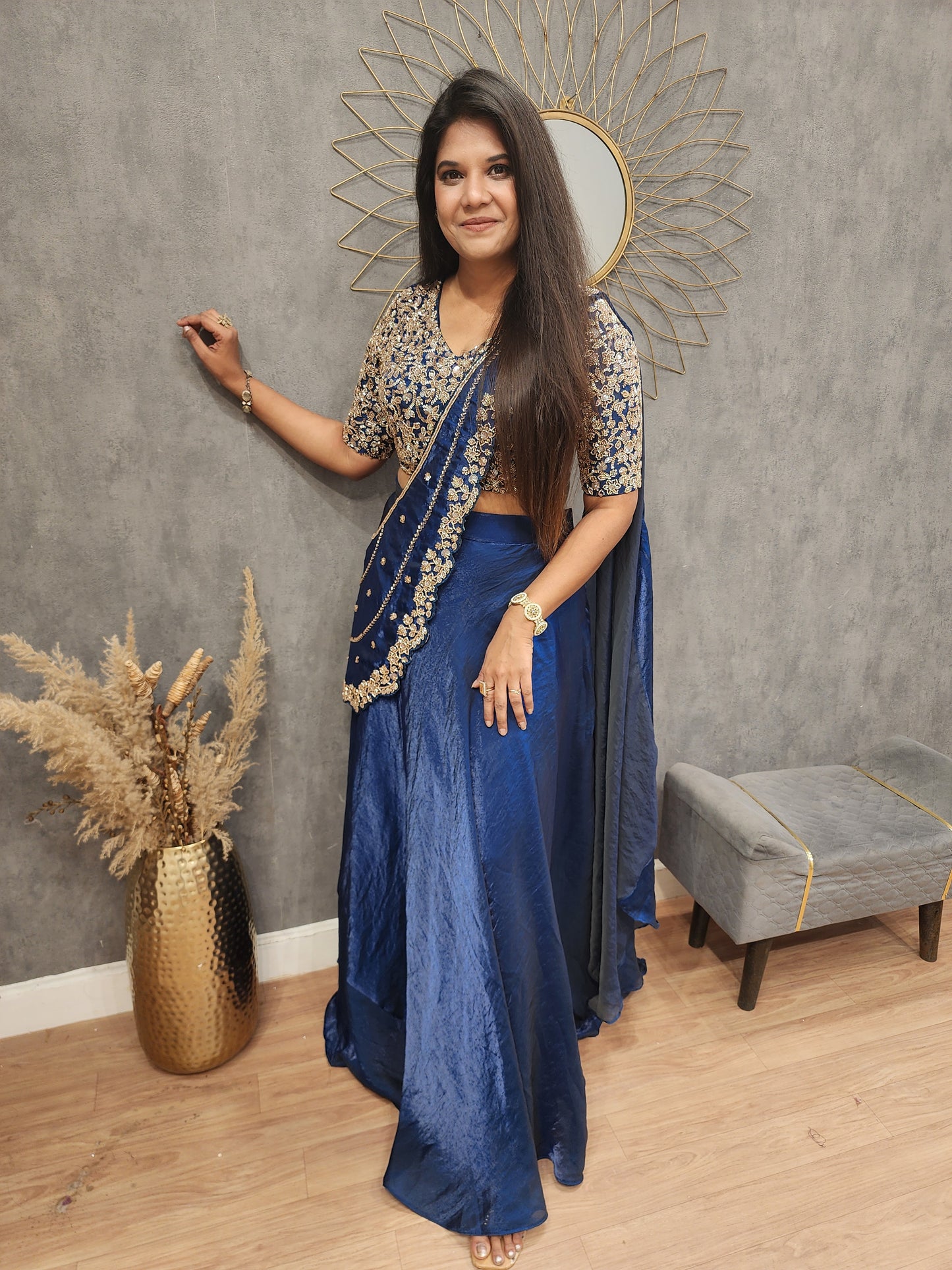 Blue drape lehenga saree