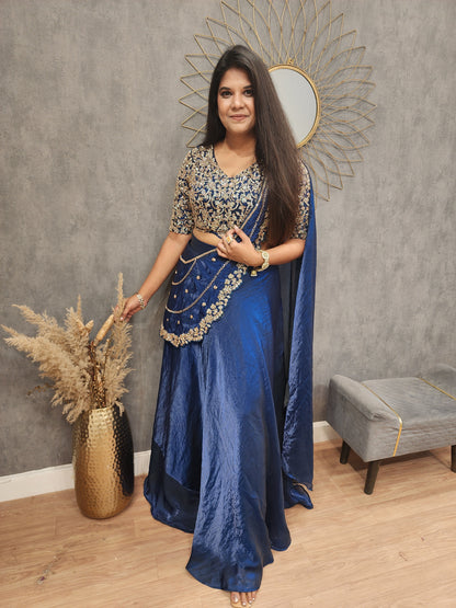 Blue drape lehenga saree
