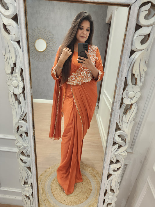 Shama rust orange drape saree