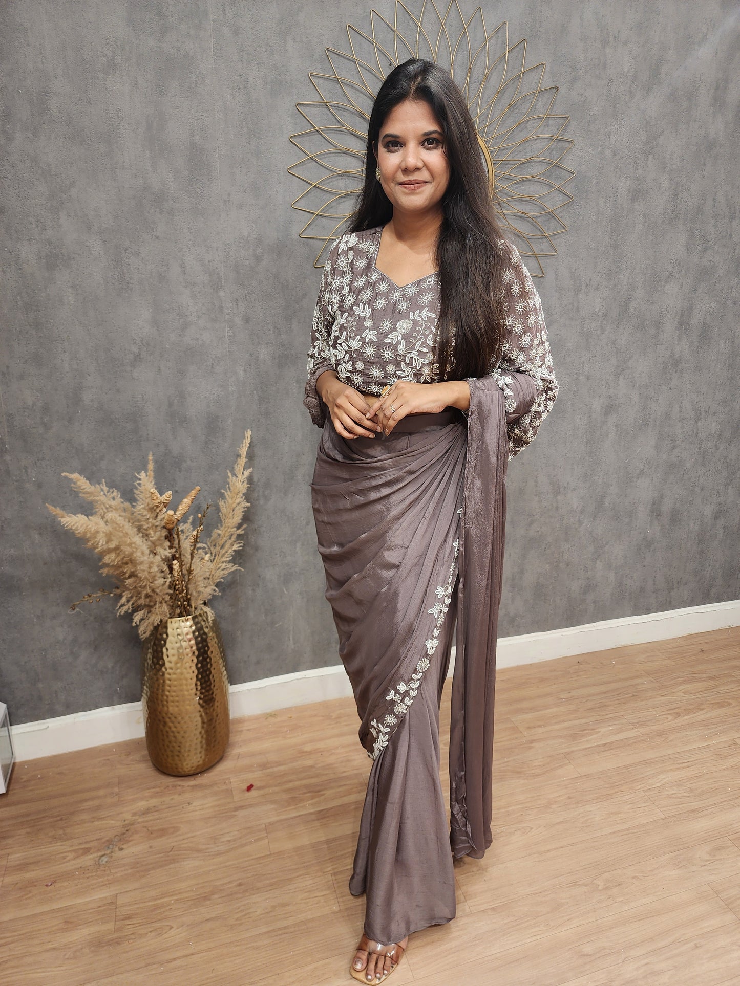Dark champagne drape saree