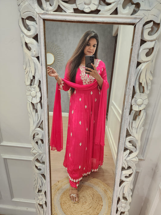 Cherry pink long chinon 3pc anarkali