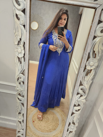 Blue long chinon anarkali with dupatta