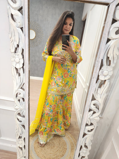 Yellow real mirror pure crepe gaarara suit