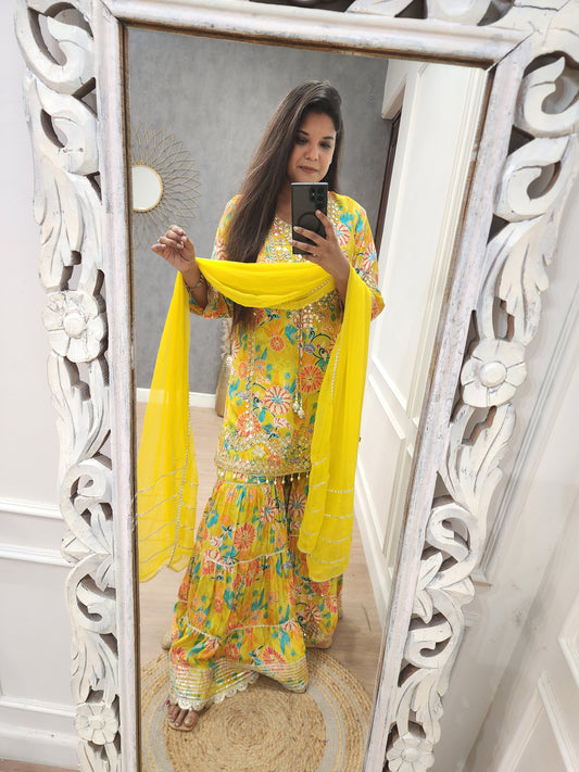 Yellow real mirror pure crepe gaarara suit