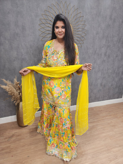 Yellow real mirror pure crepe gaarara suit