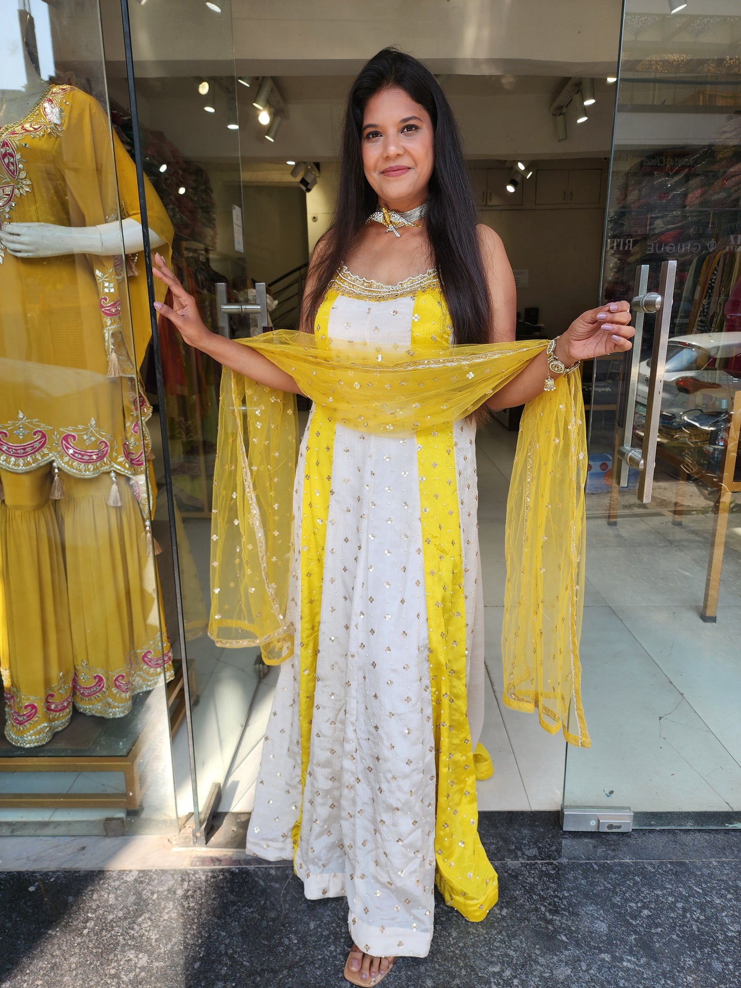 Yellow and off white combination maxi gown
