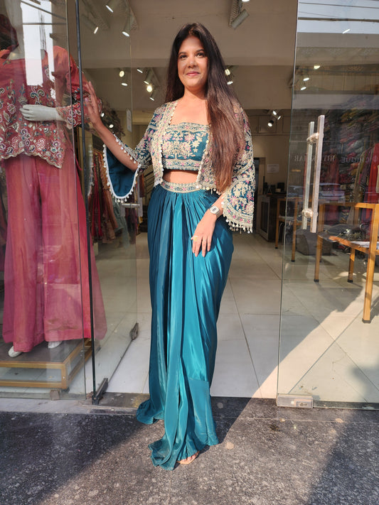 Nayantara Teal blue mermaid indowestern dress