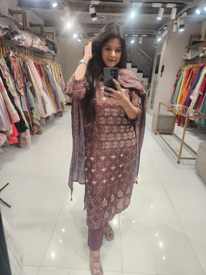 Brown katha work suit