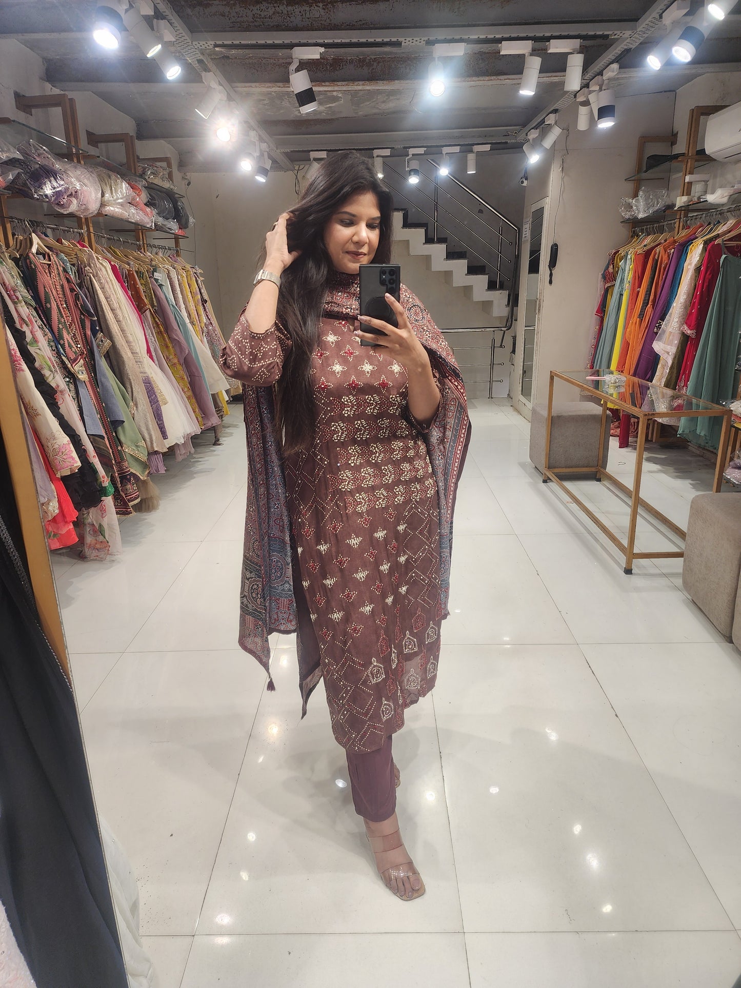 Brown katha work suit