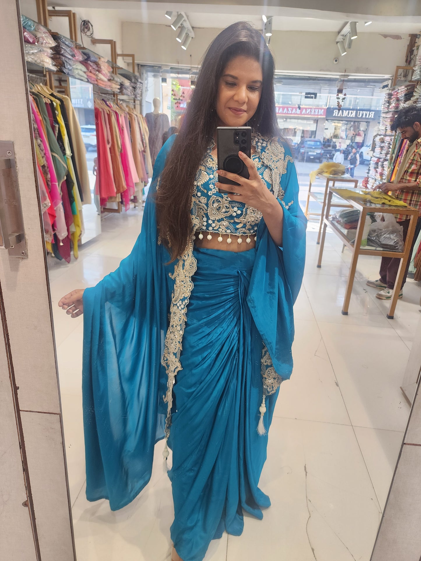 Blue cowl cape crepe dress