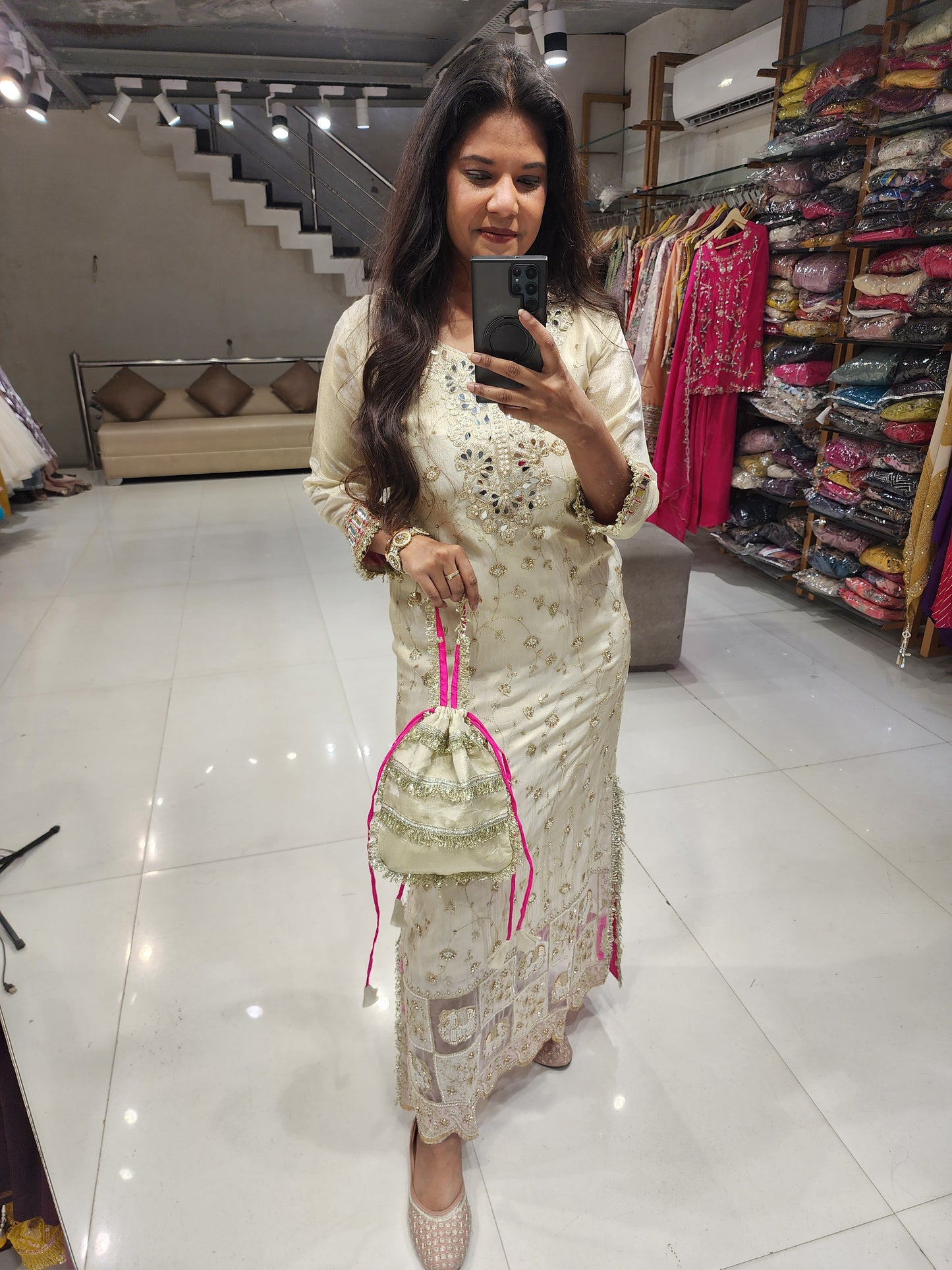 Side cut one piece dress with potli
