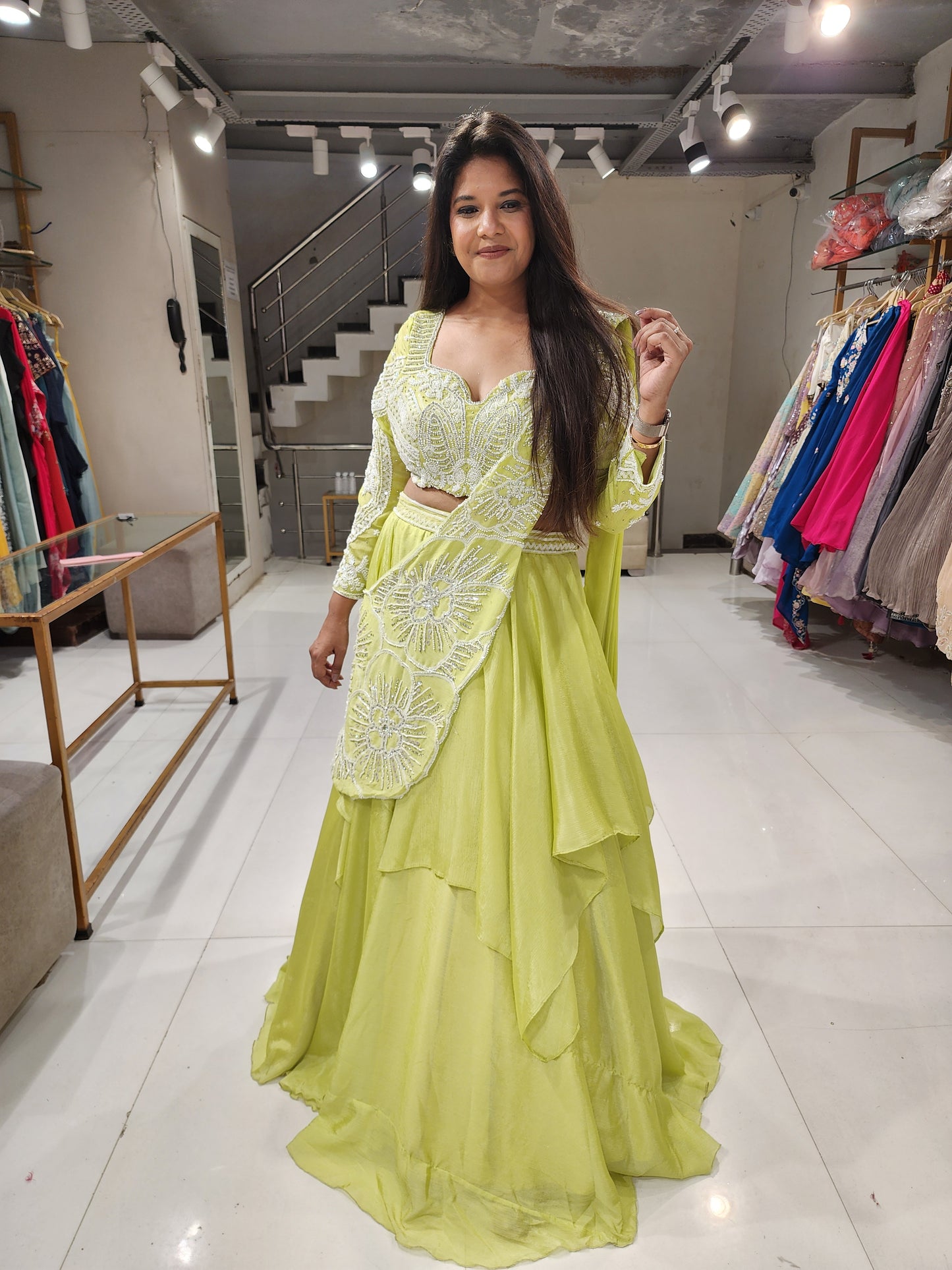 Lime drape lehenga set