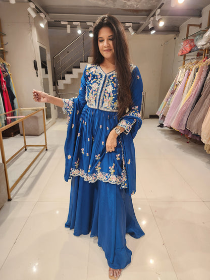 Blue embroided crepe peplum plazzo suit