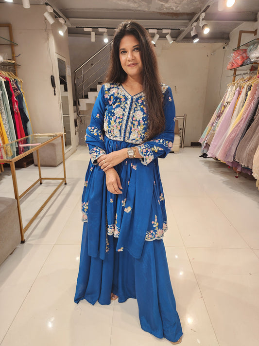 Blue embroided crepe peplum plazzo suit