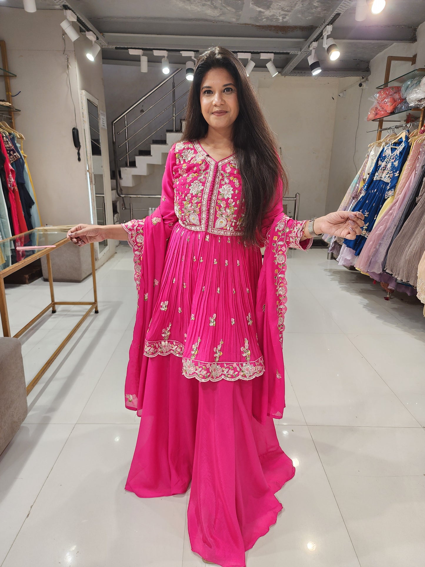 Hotpink embroided crepe plazzo suit