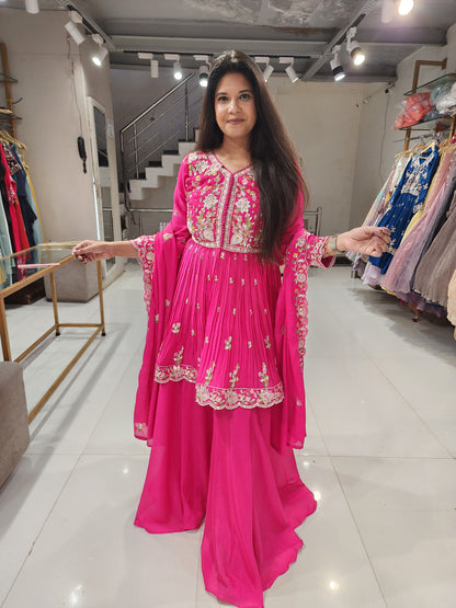 Hotpink embroided crepe plazzo suit