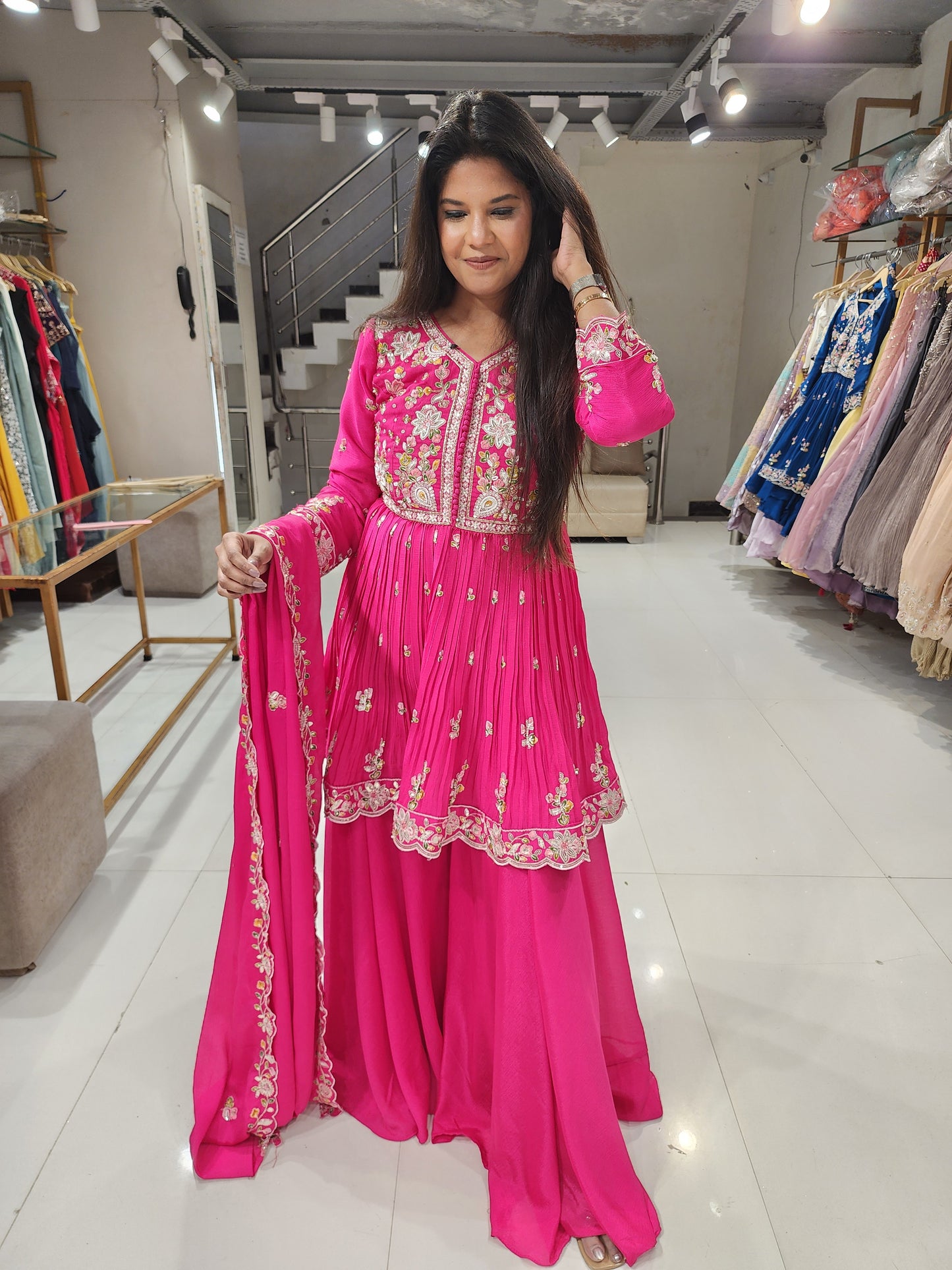 Hotpink embroided crepe plazzo suit