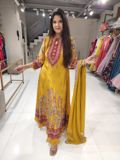 Mustard yellow printed crepe maxi gown