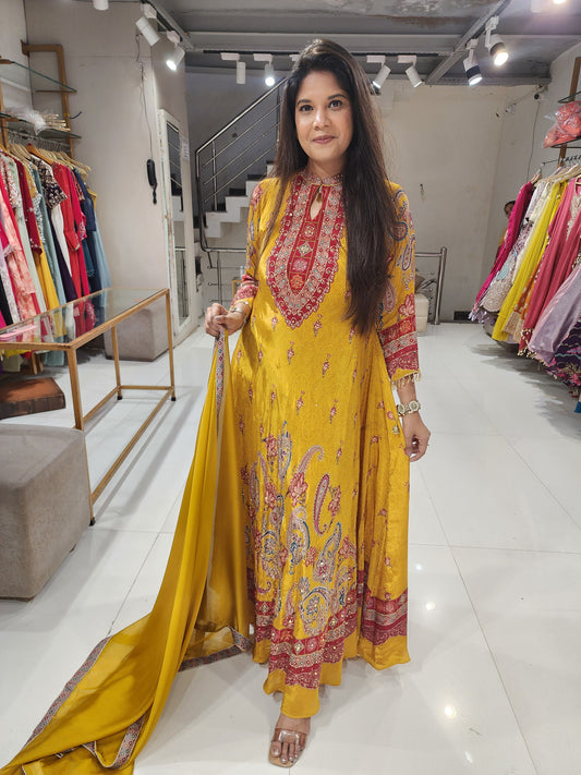 Mustard yellow printed crepe maxi gown