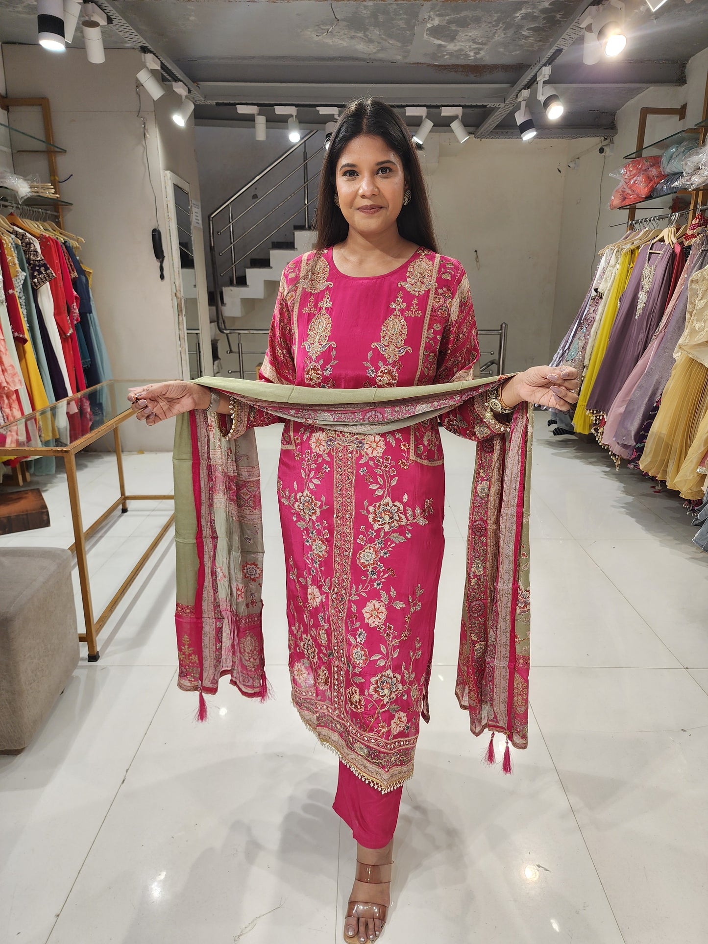 Digital print crepe straight cut suit