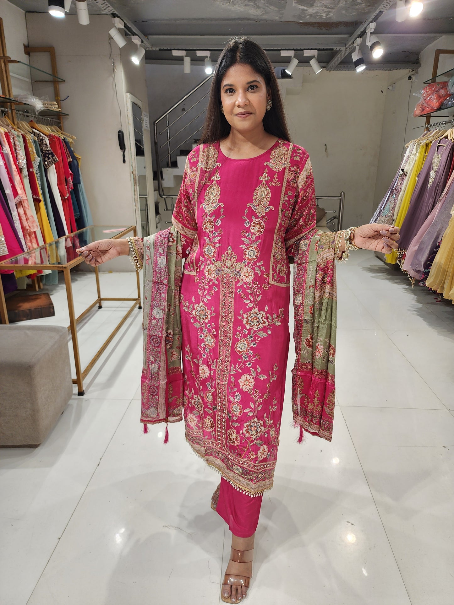 Digital print crepe straight cut suit