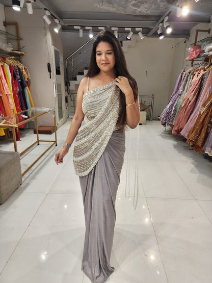 Metallick grey crepe pearl drape saree(no seperate sleeves)