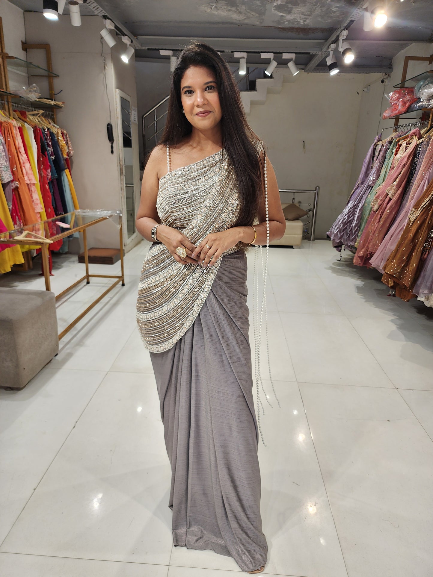 Metallick grey crepe pearl drape saree(no seperate sleeves)