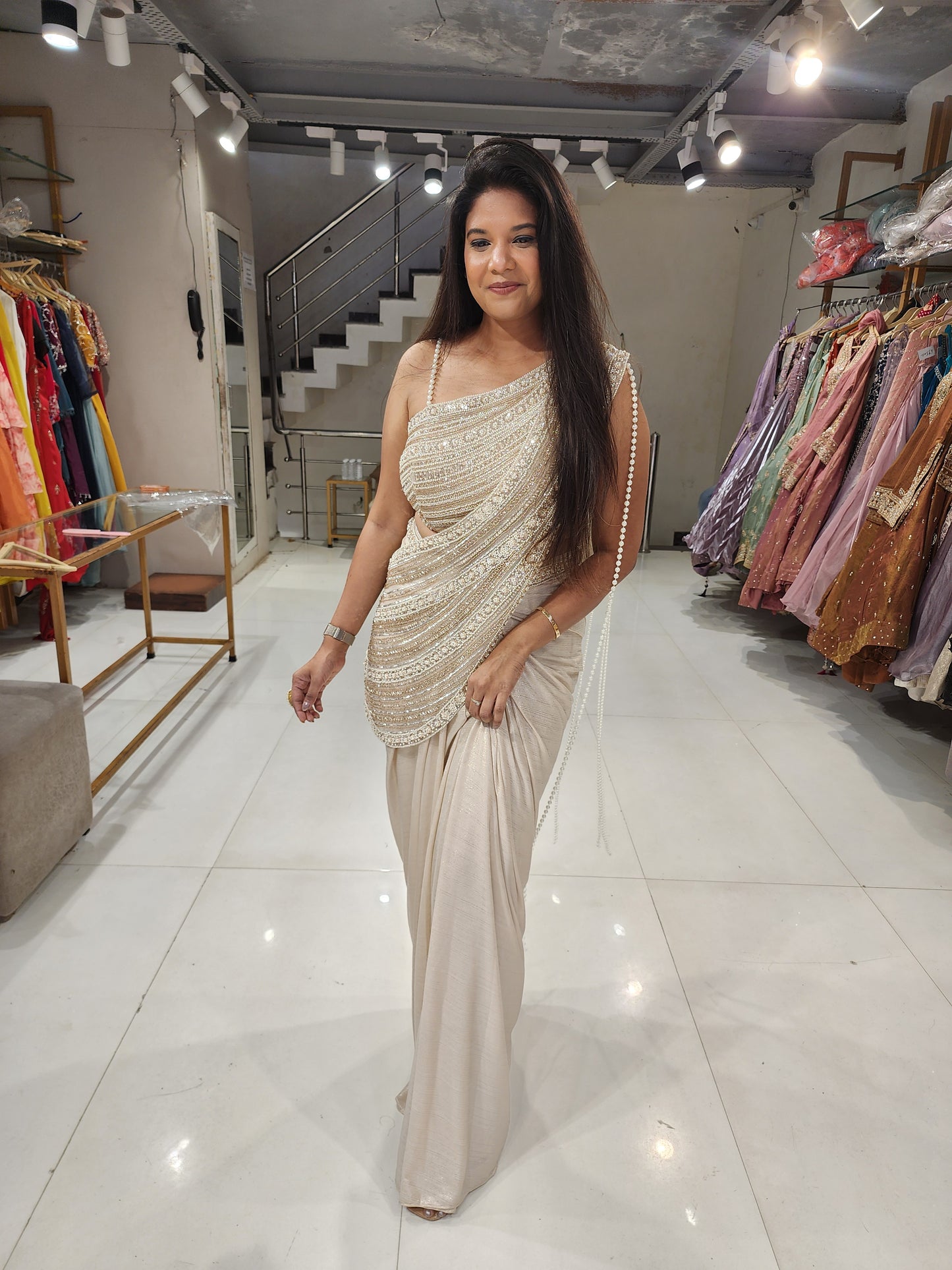Champagne crepe pearl drape saree(no seperate sleeves)