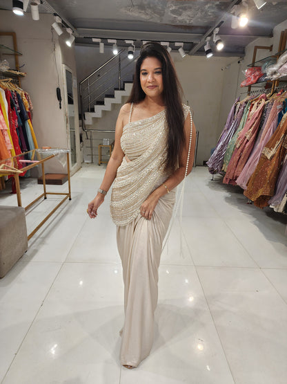 Champagne crepe pearl drape saree(no seperate sleeves)