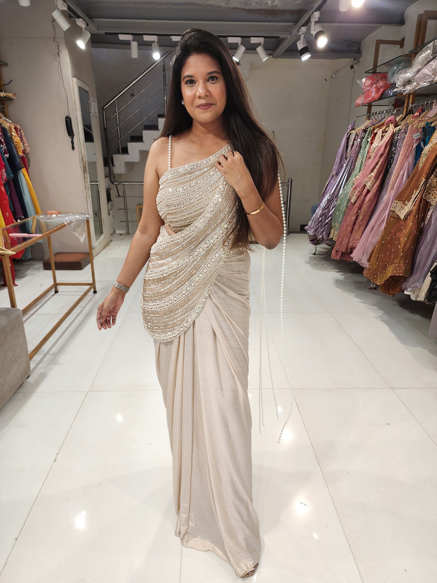 Champagne crepe pearl drape saree(no seperate sleeves)