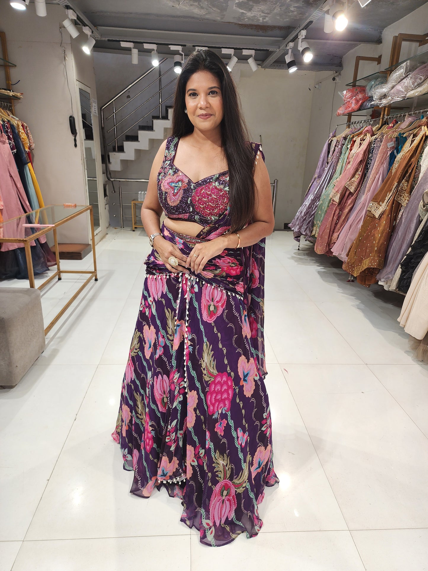 Purple floral fishcut lehenga(no seperate sleeves)