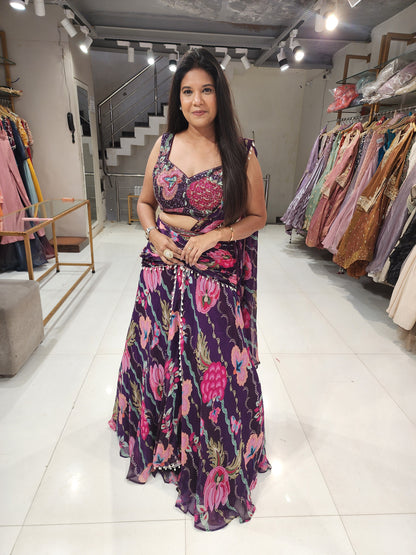 Purple floral fishcut lehenga(no seperate sleeves)