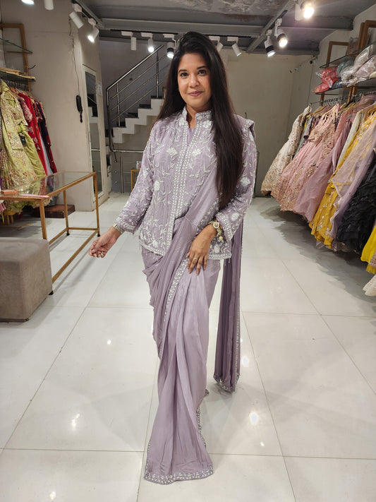 Lavender long blouse drape saree