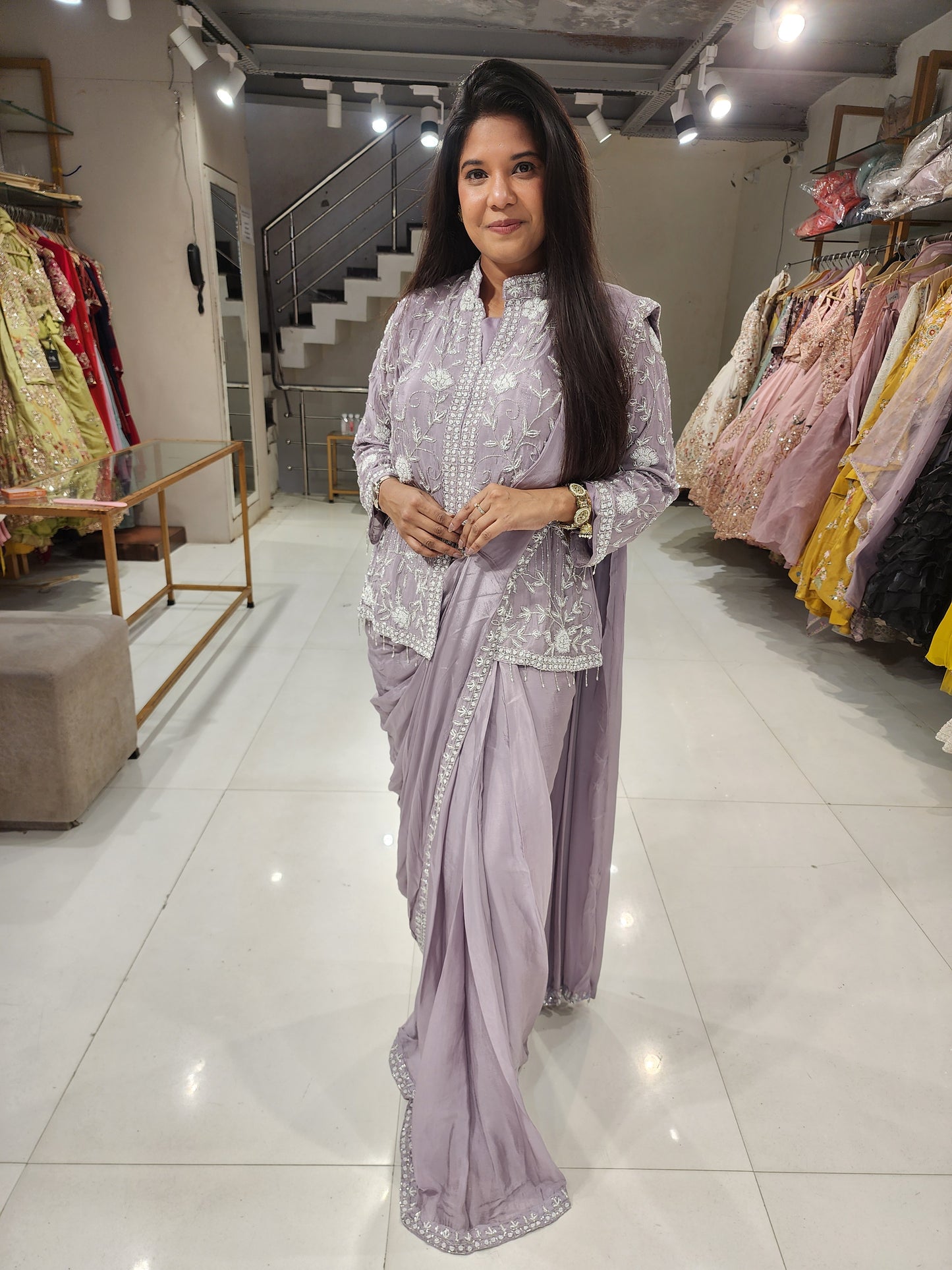 Lavender long blouse drape saree