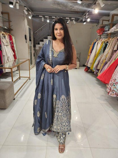 Metallick grey muslin anarkali suit