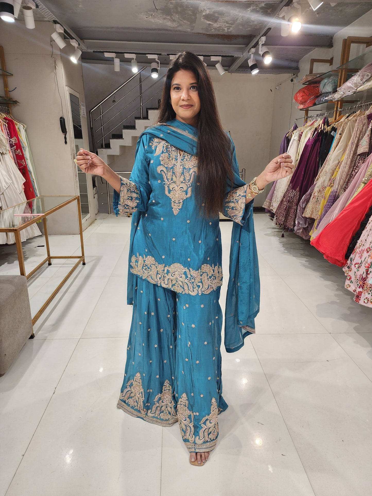 Blue embellished royal sharara suit