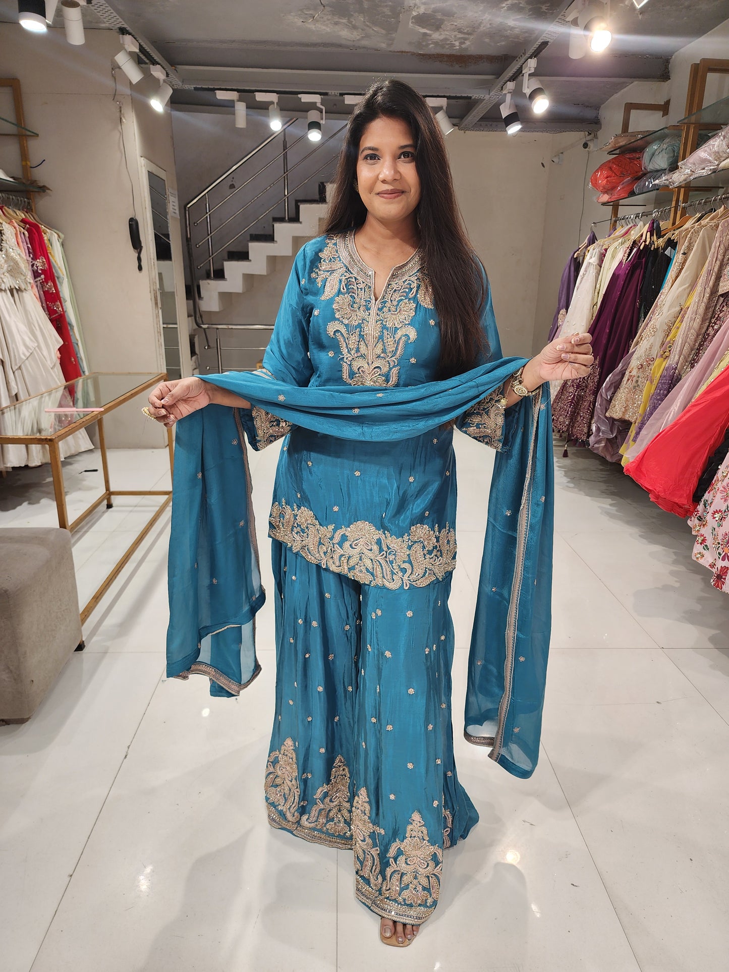 Blue embellished royal sharara suit