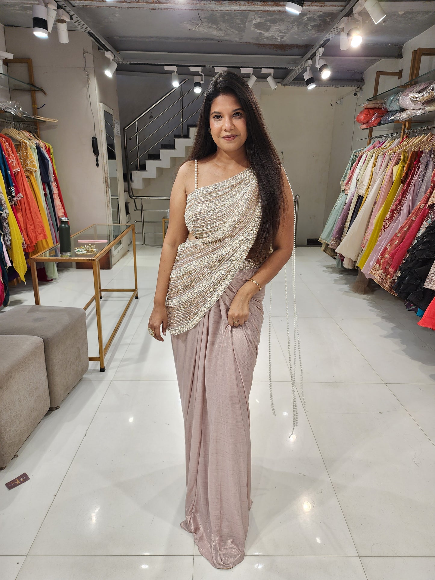 Onion Pearl drape crepe saree (no seperate sleeves available)