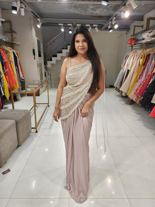 Onion Pearl drape crepe saree (no seperate sleeves available)