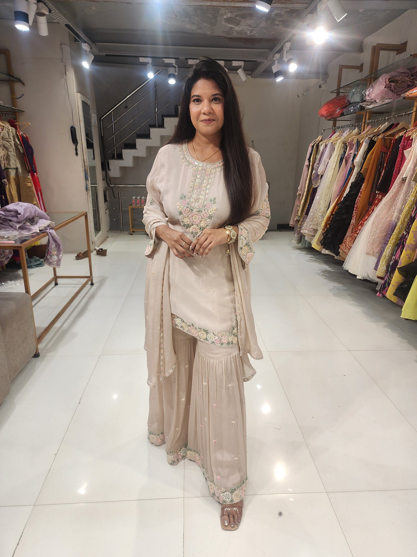 Apple cut chinon sharara suit