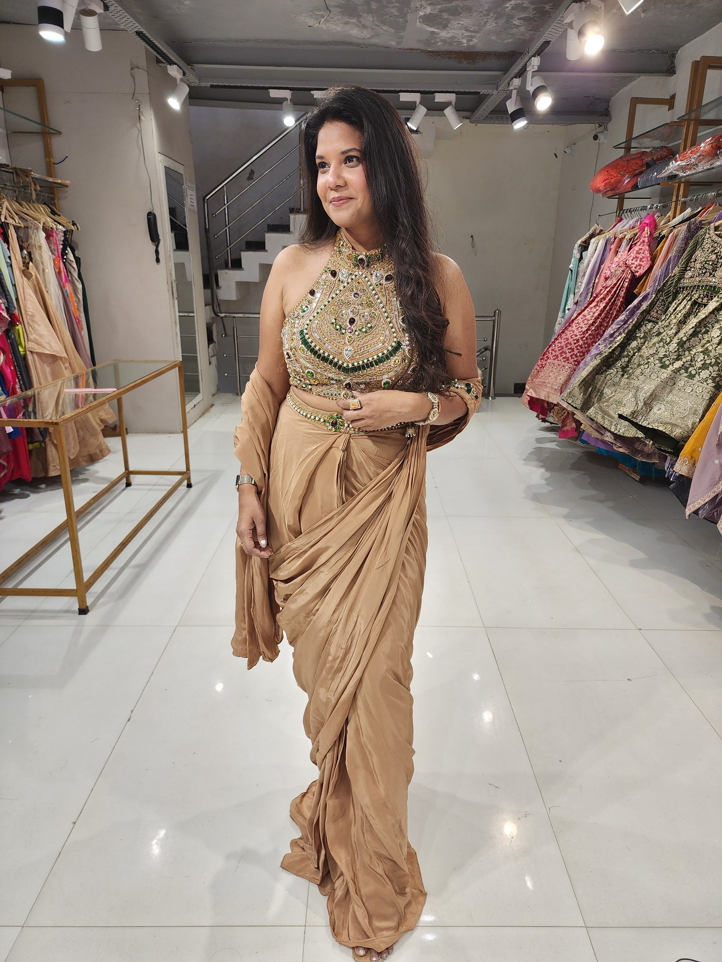 Emerald halter neck saree