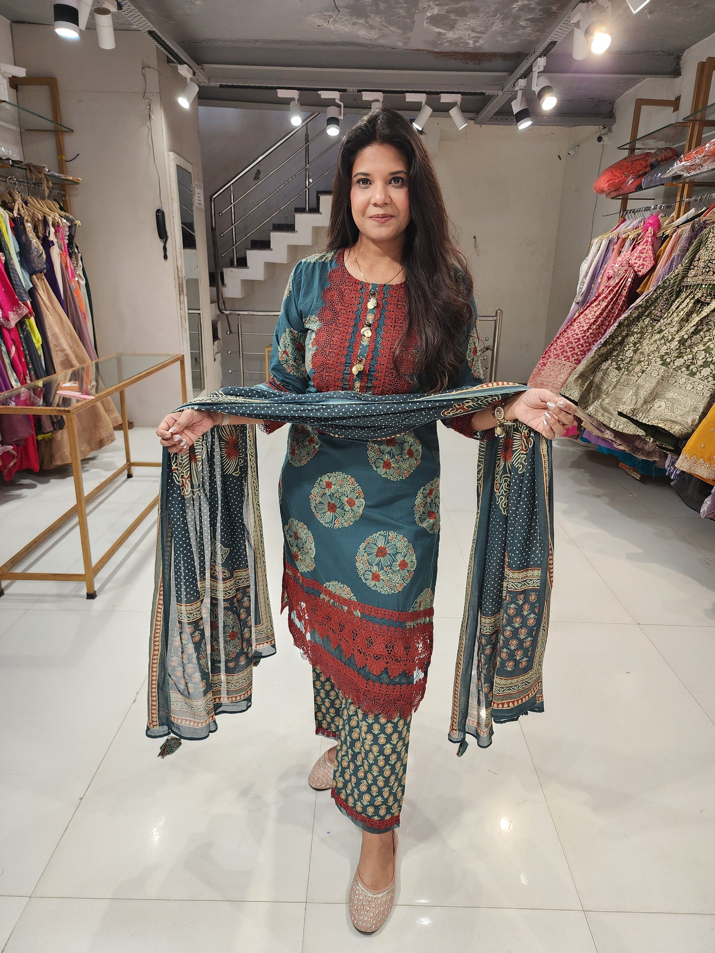 Cotton schiffly straight cut suit