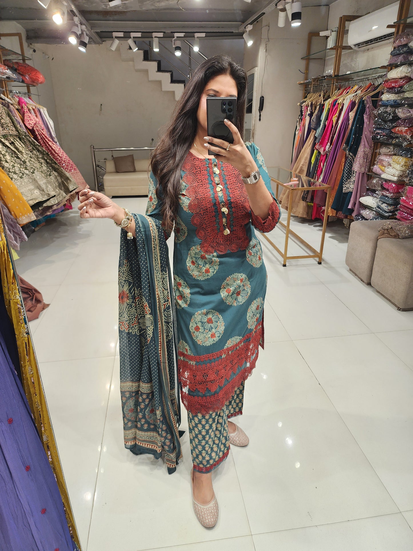 Cotton schiffly straight cut suit