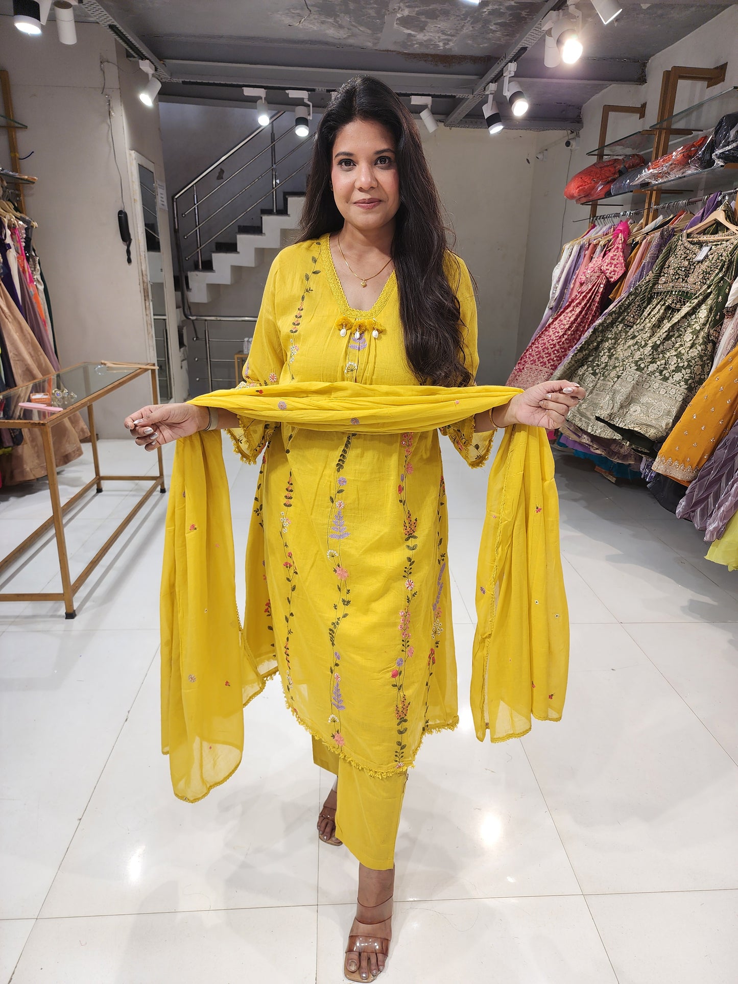 Yellow mull cotton embroided A line suit