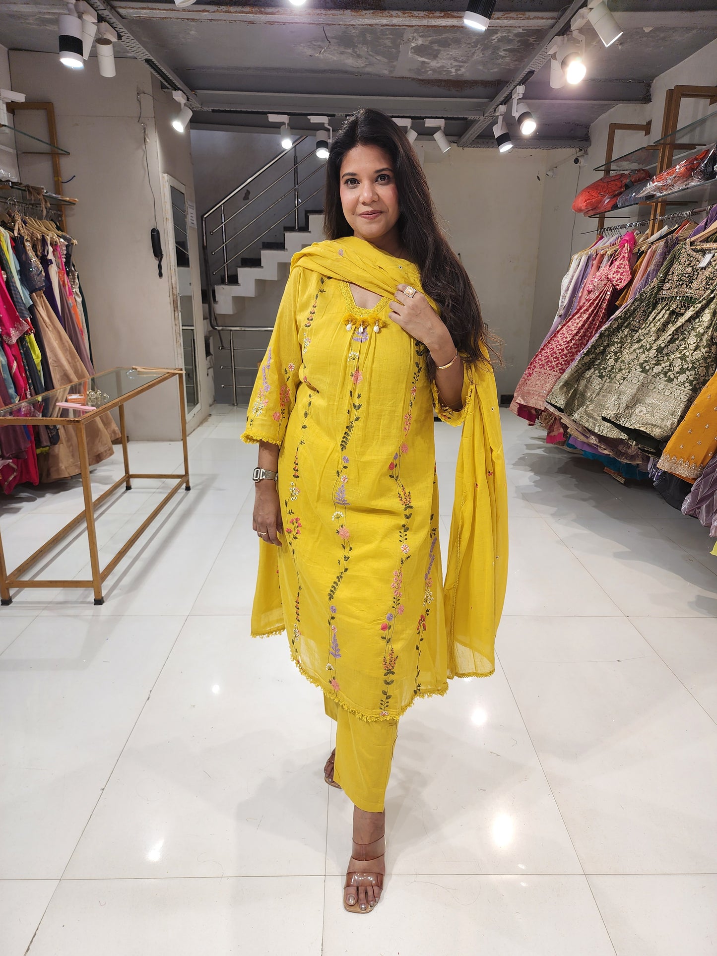 Yellow mull cotton embroided A line suit