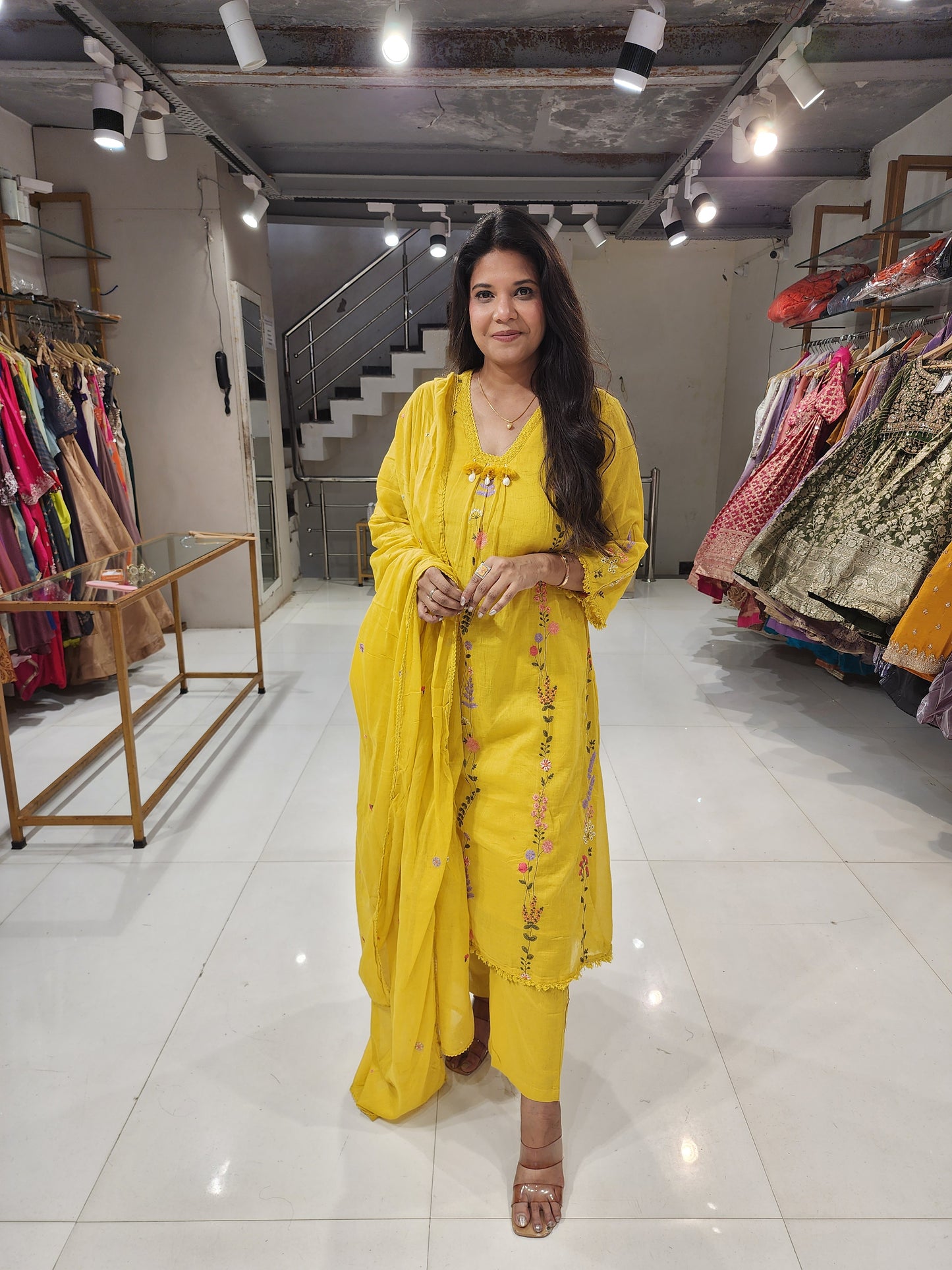 Yellow mull cotton embroided A line suit