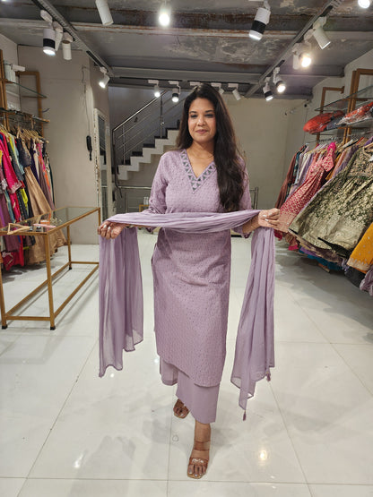 Schiffly lilac straight suit